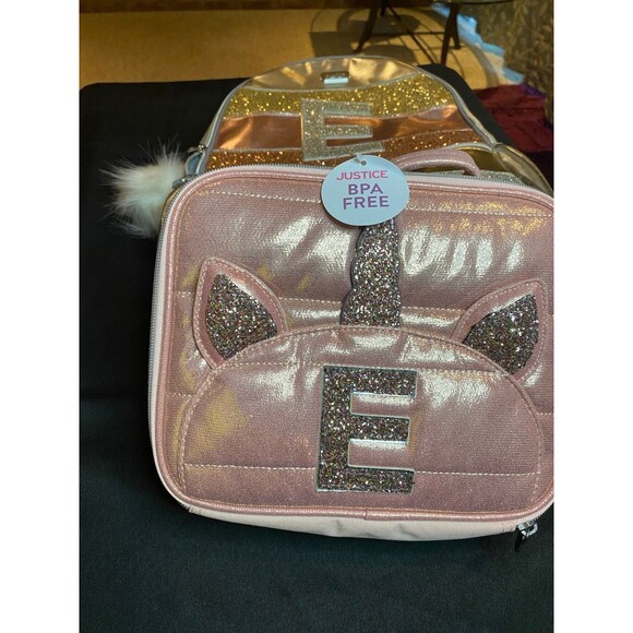 NWT Limited Edition insulated Justice Lunch Bag shimmery rose gold initial E - Picture 1 of 2